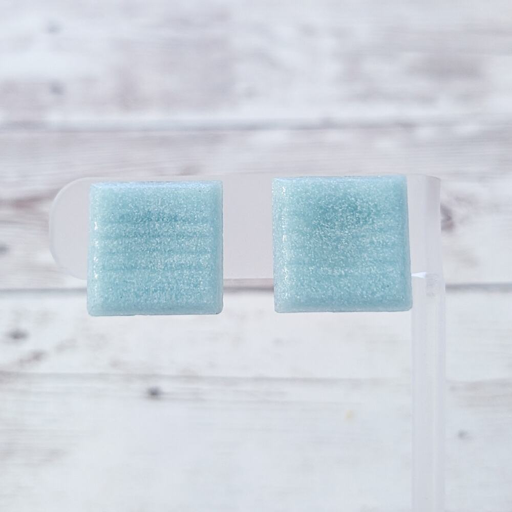 Vintage Clip On Earrings Light Blue Square with Line Design